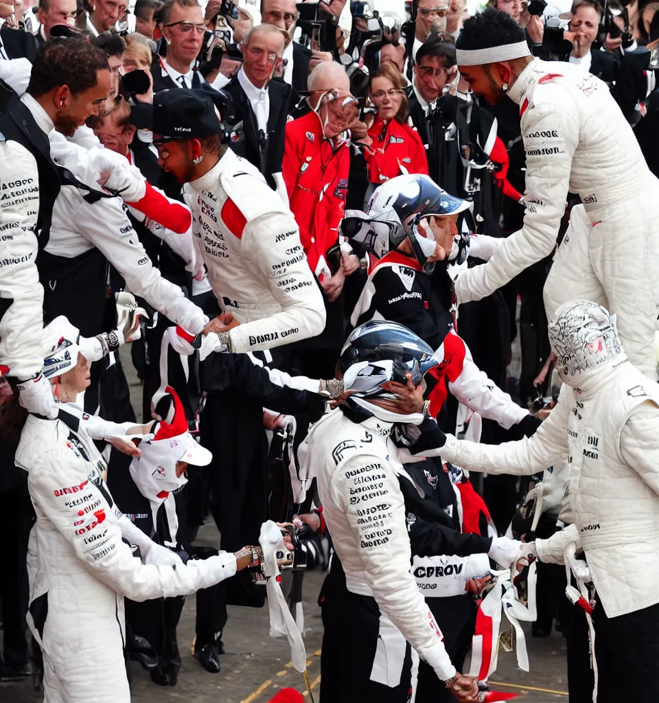 Prompt: A portrait of Lewis Hamilton in his racing uniform being knighted by the queen by Banksy