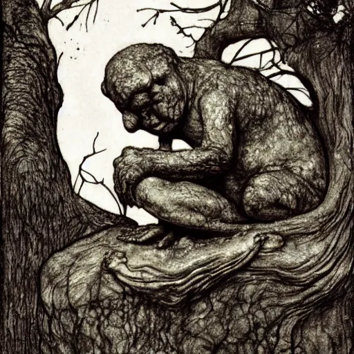 Prompt: toad philosopher toad in a pose The Thinker, swamp, by Auguste Rodin, by Irving Penn, illustrations by irish fairy tales james stephens arthur rackham, fairy tale illustrations, illustrations by Stephen Reid