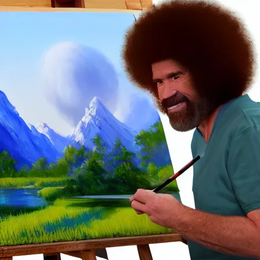 Image similar to a closeup photorealistic photograph of bob ross working on a canvas painting of mickey mouse. film still. brightly lit scene. mountains and trees. this 4 k hd image is trending on artstation, featured on behance, well - rendered, extra crisp, features intricate detail, epic composition and the style of unreal engine.