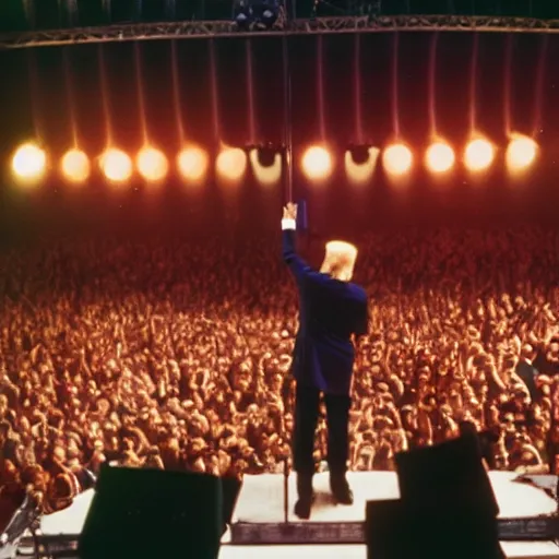 Image similar to photo of donald trump on stage singing in heavy metal band, cinestill, 800t, 35mm, full-HD