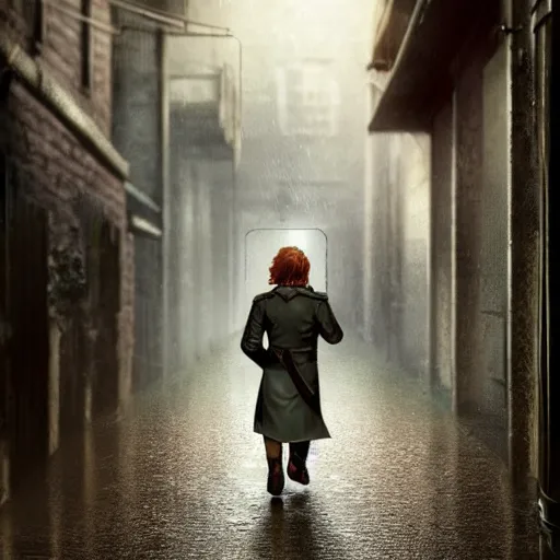 Image similar to halfling private investigator walking down a Victorian rainy alley in a trenchcoat , artstation, detailed, hyper realistic, 8k, digital art, cinematic