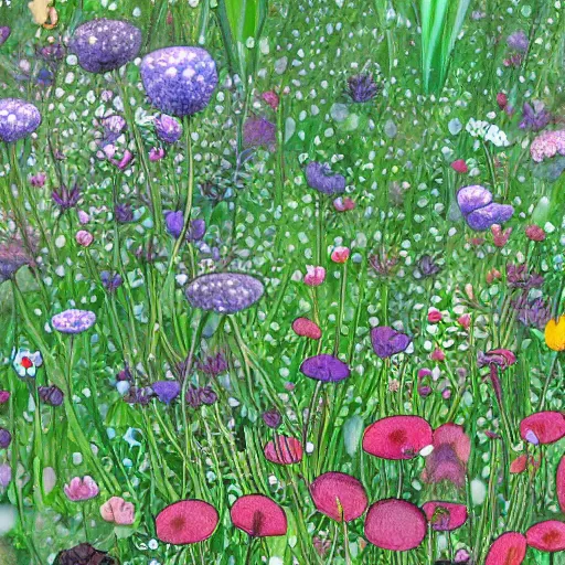 Prompt: a small garden blooming with wildflowers and herbs, close up shot, illustrated by hayao miyazaki, detailed, dewdrops glistening on the leaves