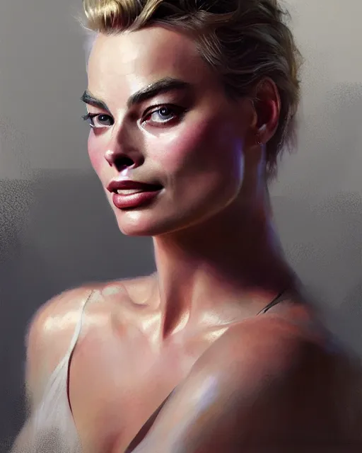 Image similar to Full view realistic portrait of actress margot robbie, masterpiece by Craig Mullins Artgerm in the style of Ruan Jia, wlop, Ross Tran, detailed and realistic, soft lighting, intricate details, realistic, full view, Artstation, CGsociety