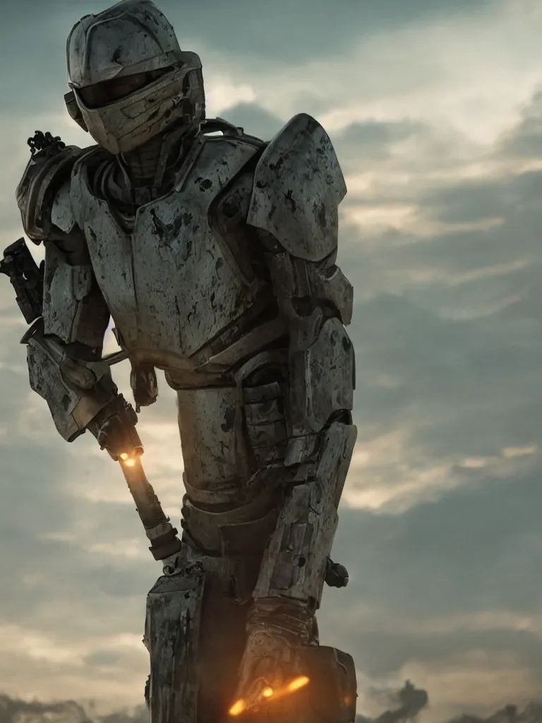 Image similar to emily blunt in futuristic power armor, alone, standing atop a hill, raising her sword, edge of tomorrow movie, angel of verdun, sunset