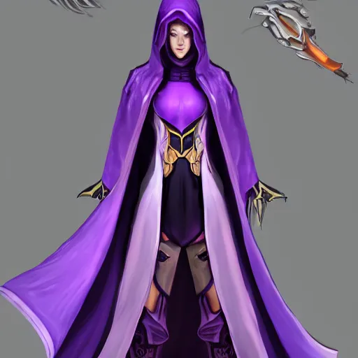 Prompt: female warlock long hood cloak purple, beautiful face purple eyes. fighting monster with magic, 8 k, trending on artstation by tooth wu