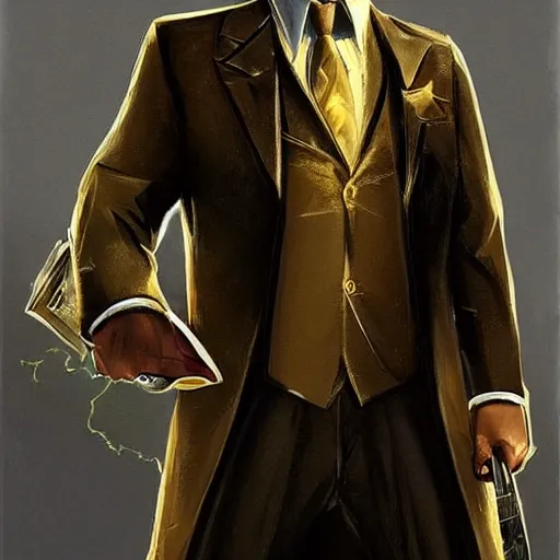 Image similar to “A portrait of a mafia boss in a golden suit, D&D sci-fi, artstation, concept art, highly detailed illustration.”