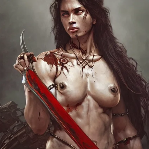 Prompt: painting of dark muscular oiled bengoli woman, bloody, carrying a sword, symmetric, ultra realistic, concept art, intricate details, eerie, highly detailed, photorealistic, octane render, 8 k, unreal engine. art by artgerm and greg rutkowski and alphonse mucha