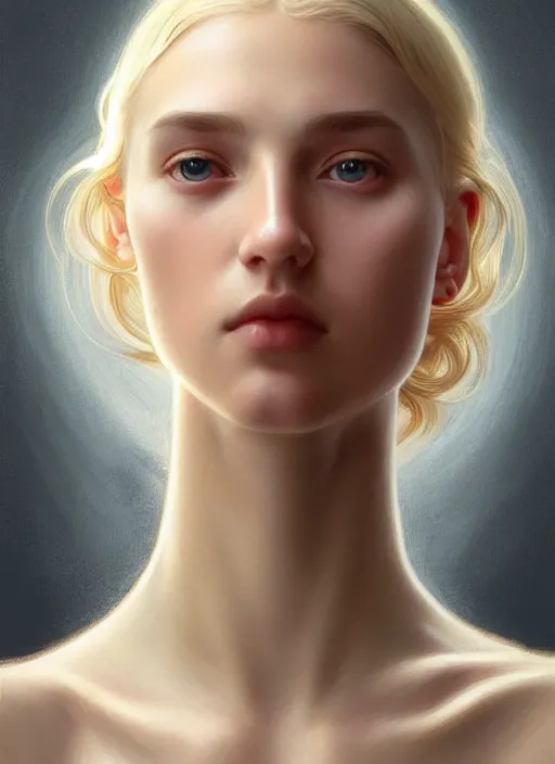 Prompt: beautiful symmetrical face, portrait of young woman blessed with ever - increasing physical and mental perfection, realism, blonde hair, perfect face!! intricate, elegant, highly detailed, vision of holy perfection!! digital painting, artstation, concept art, smooth, sharp focus, illustration, humanity, art by artgerm and greg rutkowski and alphonse mucha