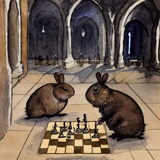 Prompt: a guinea pig and a rabbit playing chess in a cathedral, watercolour