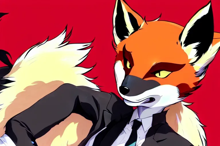 Image similar to a furry tan male fox on a persona 5 : royal ( by atlus ) video game splash screen, a furry male sandcolored tan fox fursona ( has hair ), persona 5 phantom thief style