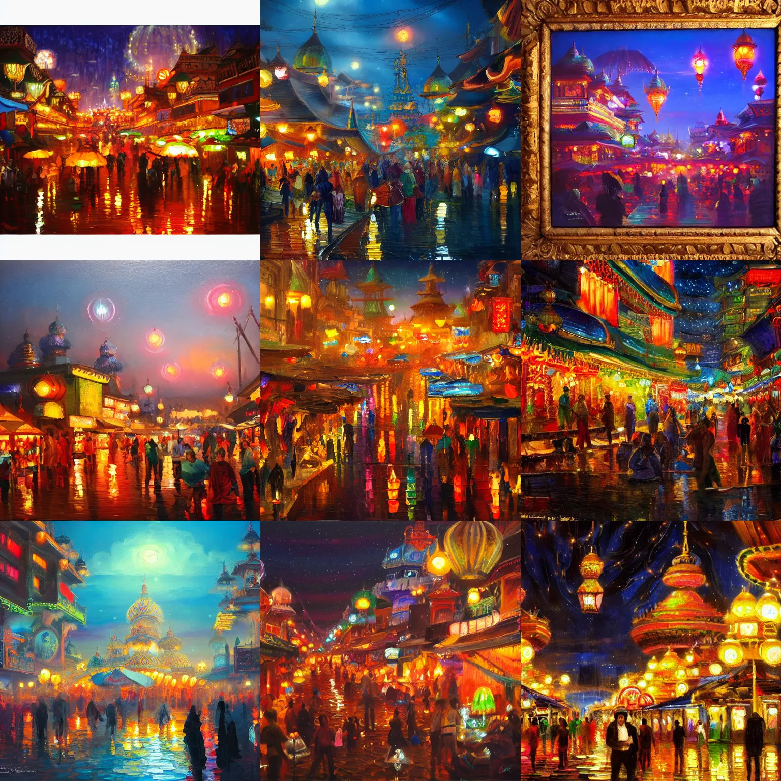 Prompt: oil painting of A vibrant magical eastern civilization at night, built around ocean, full with people, a lot of lights. Trending on artstation