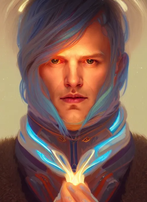 Image similar to symmetry!! portrait of man wearing winter clothes with long flaming blue hair, sci - fi, glowing lights!! intricate, elegant, highly detailed, digital painting, artstation, concept art, smooth, sharp focus, illustration, art by artgerm and greg rutkowski and alphonse mucha, 8 k