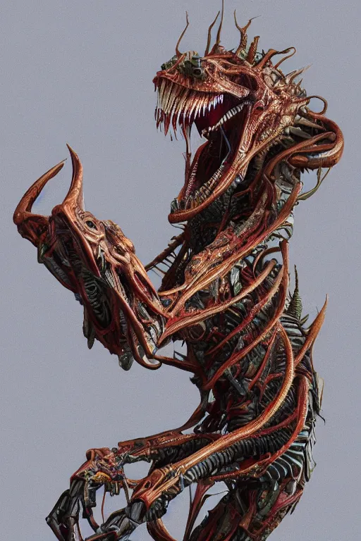 Image similar to hyper-maximalist overdetailed 3d sculpture of a biomechanical reptilian extraterrestrial monster by clogtwo and ben ridgway. 8k. Generative art. Fantastic realism. Scifi feel. Extremely Ornated. Intricate and omnious. Tools used: Blender Cinema4d Houdini3d zbrush. Unreal engine 5 Cinematic. Beautifully lit. No background. artstation. Deviantart. CGsociety. Inspired by beastwreckstuff and jimbo phillips. Cosmic horror infused retrofuturist style. Hyperdetailed high resolution Render by binx.ly in discodiffusion. Dreamlike polished render by machine.delusions. Sharp focus.