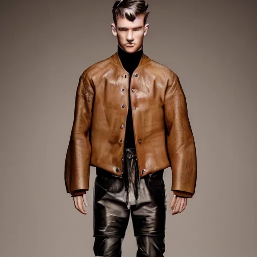 Image similar to an award - winning hd photo of a male model wearing a baggy designer medieval cropped leather menswear jacket by raf simons, 4 k, studio lighting