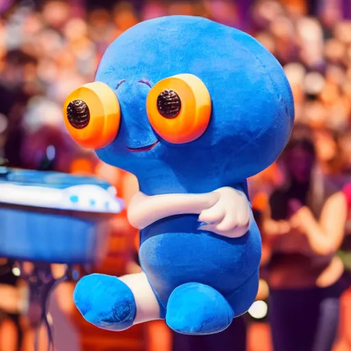 Image similar to a little blue creature in the shape of a sausage lies on a huge microphone on the stage