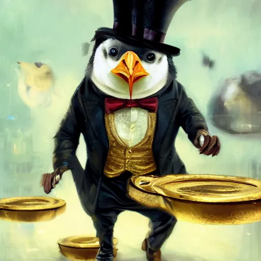 Prompt: oil painting of grumpy rich steampunk penguin, wearing top hat, holding gold watch, steampunk factory background, hamster running in the background, sharp focus, fantasy style, octane render, volumetric lighting, 8k high definition, by greg rutkowski, highly detailed, trending on art Station, magic the gathering artwork, centered