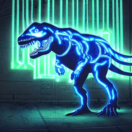 Prompt: a cyberpunk glowing t - rex