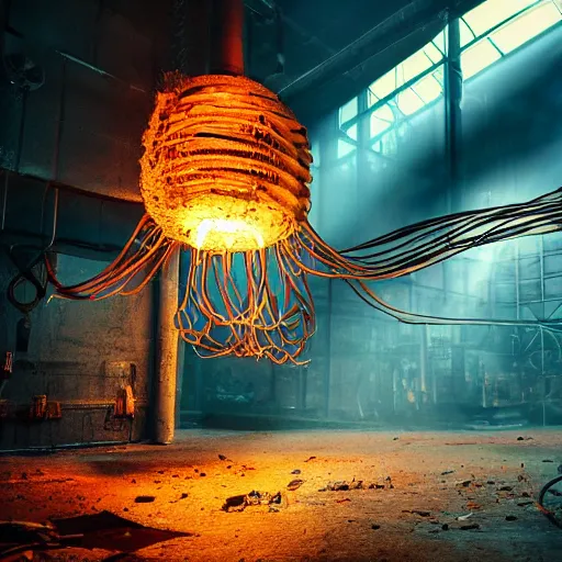 Prompt: oversized egg beater, tangles of metallic cables, dark messy smoke - filled cluttered workshop, dark, dramatic lighting, orange tint, sparks, plasma charges, cinematic, highly detailed, sci - fi, futuristic, movie still