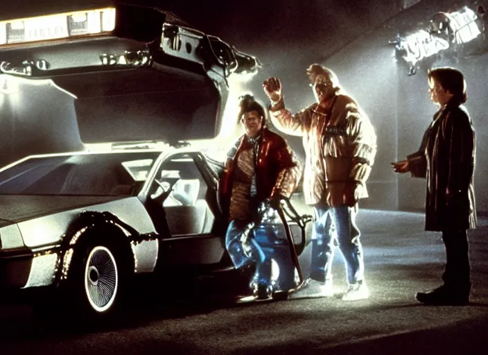 Image similar to screenshot from the iconic scene from the lost Back to the Future film directed by Martin Scorsese, cinematic lighting, unsettling set design with extreme detail, moody cinematography, with anamorphic lenses, crisp, detailed, 4k image, starring Marty Mcfly