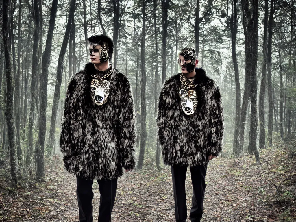 Prompt: versace avant garde oversized jacket arctic fur silver bear necklace textiles streetwear cyberpunk indigenous commanche descendant in the woods overcast late evening dramatic professional color 8 k hdr