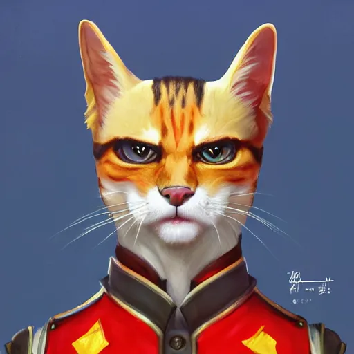 Image similar to Portrait painting an anthropomorphic cat wearing as Soviet leader, as an Overwatch character, medium shot, asymmetrical, profile picture, Organic Painting, sunny day, Matte Painting, bold shapes, hard edges, street art, trending on artstation, by Huang Guangjian and Gil Elvgren and Sachin Teng