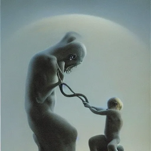 Prompt: Zdzisław Beksiński painting of Saturn Devouring His Son