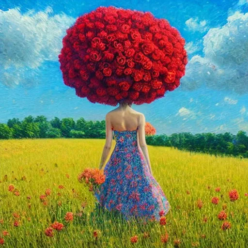 Image similar to giant red carnation afro head, full body, girl walking in the middle of a field with flowers, surreal photography, hills, sunrise dramatic light, impressionist painting, colorful clouds, digital painting, pointillism, artstation, simon stalenhag