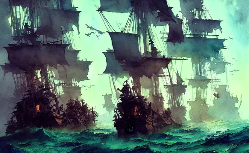 Image similar to pirate galleon fleet. intricate, amazing composition, colorful watercolor, by ruan jia, by maxfield parrish, by marc simonetti, by hikari shimoda, by robert hubert, by zhang kechun, illustration, gloomy, volumetric lighting, fantasy