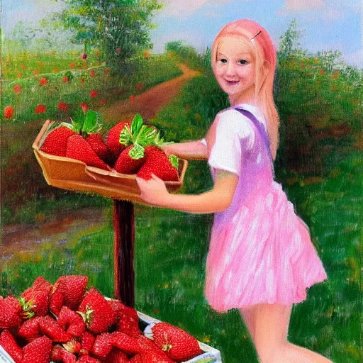 Image similar to Cute Blonde Girl 21 years old with locks sells Strawberries in a fruit stand, the fruit stand is a giant Strawberry, oil on canvas, Impressionism