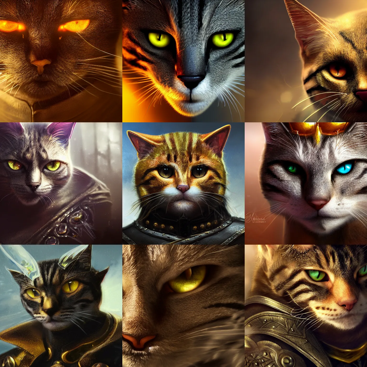 Prompt: close macroshot detail portrait of cat as fantasy character wear in shirt and leather armor, male, elegant, tom cat, with yellow cat-eye eyes vertical pupil, digital fantasy art, hands straight down, insane, under light, at late evening by greg rutkowski and thomas kinkade, Trending on artstation