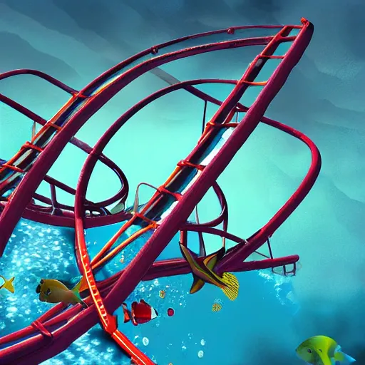 Image similar to underwater roller coaster, photorealistic, detailed