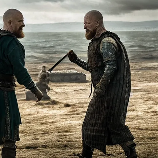 Image similar to Walter White fighting Ragnar Lathbrook in Vikings TV series.