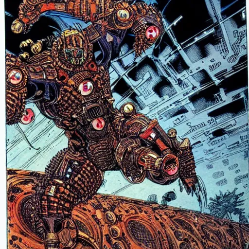 Prompt: wide scene, armored sci - fi god of destructuion manifests floating in midair, art by philippe druillet