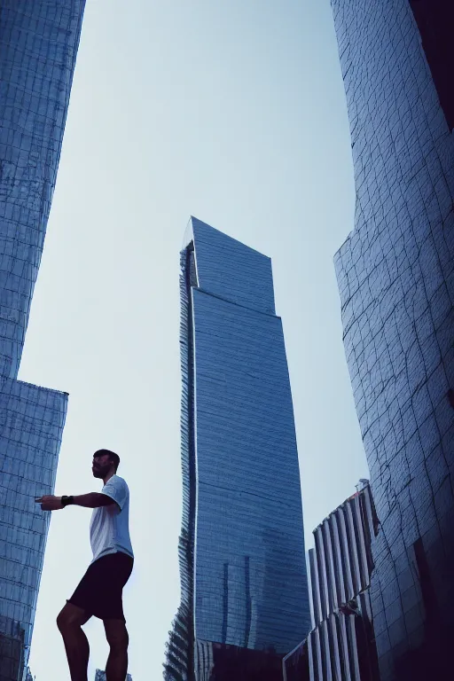 Prompt: man larger than skyscrapers wearing tight white shorts walks around the city, low angle shot, photography, highly detailed, trending on artstation, award winning photography, 4 k, highly detailed