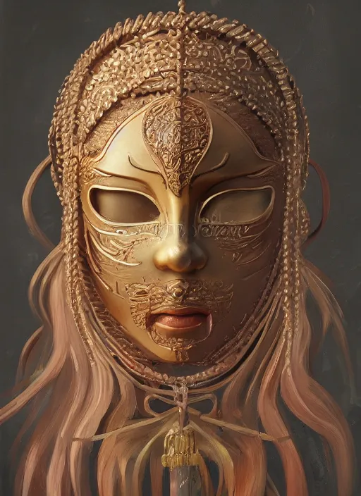 Image similar to a beautiful detailed oil on copper art illustration of a japanese shityome mask woman, the mask is broken, centered, by charlie bowater, zeng fanzh, trending on artstation, dim dusk lighting, cinematic lighting, detailed lighting, volumetric lighting, realistic, f 8, 4 k hd wallpaper