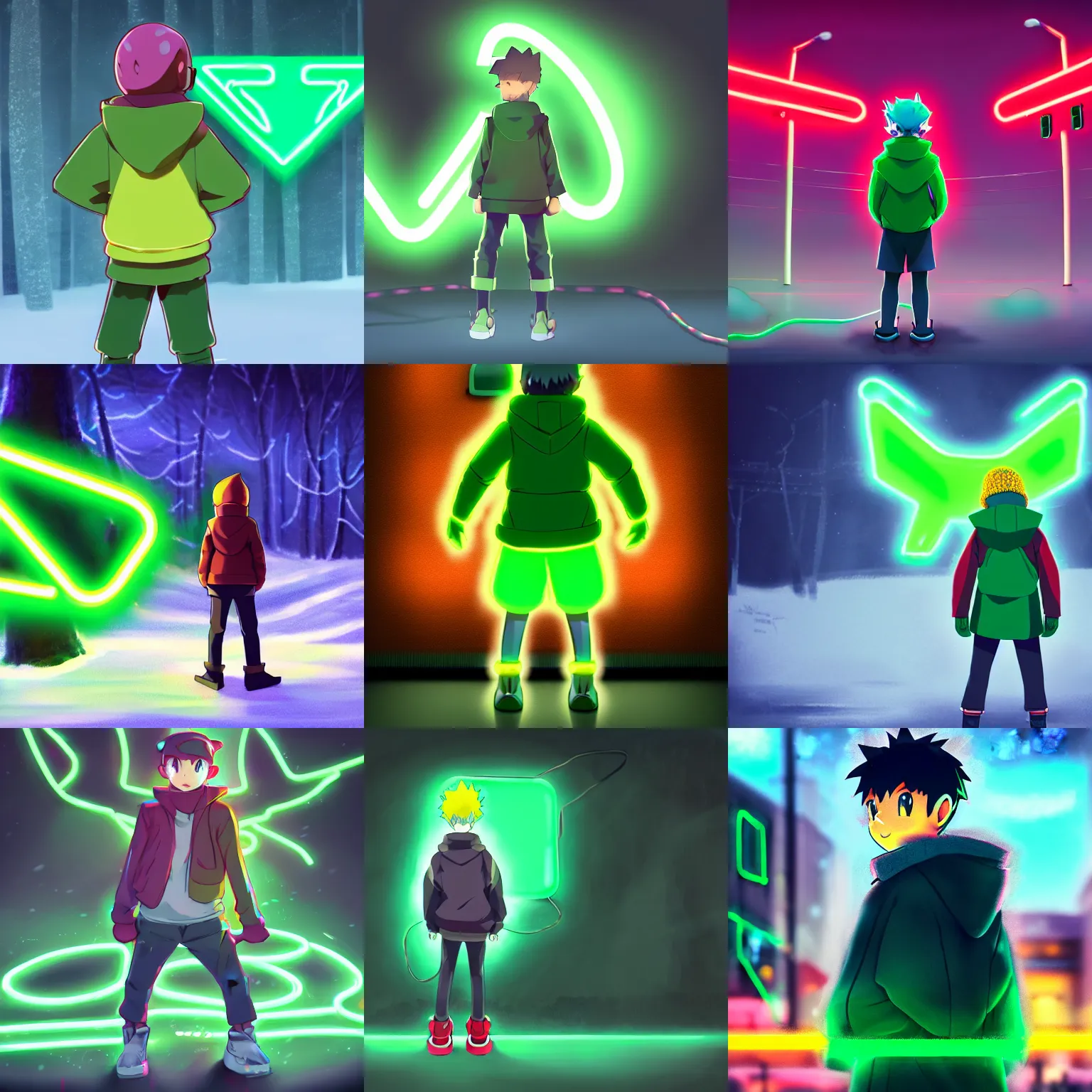Prompt: a boy in winter clothing, standing in front of a big neon green metal pokemon, concept art, digital art, very detailed, anime, back - shot, d & d, pokemon, 8 k hd