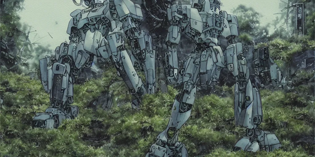 Image similar to Abandoned mecha overgrown with moss, oppressive atmosphere, low contrast, cloudy, Hideaki Anno, watercolor, Patlabor, Gunbuster