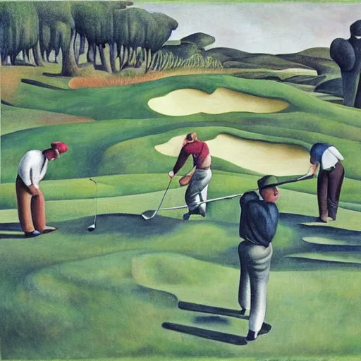 Image similar to Three golfers on a beautiful golf course, by Diego Rivera