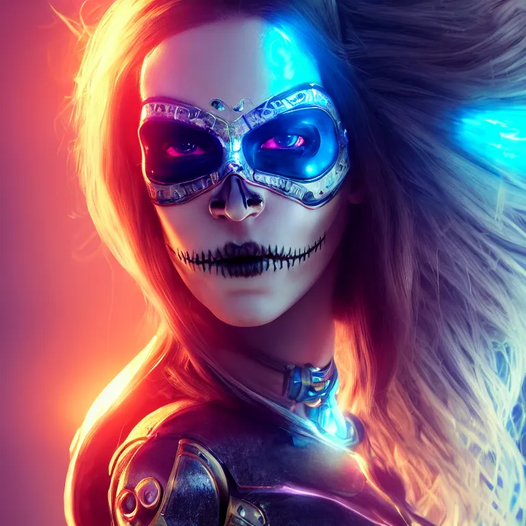 Image similar to beautiful cinematic poster, female cyberpunk cyborg, a gold sugar skull mask, brilliant blue flowing hair, beautiful glowing eyes, wideshot ultrawide angle epic scale, hybrid from the elden ring and art direction by darius zawadzki, wayne reynolds artstation ; cinematic quality character render ; low angle ; ultra high quality model, quality cinema model