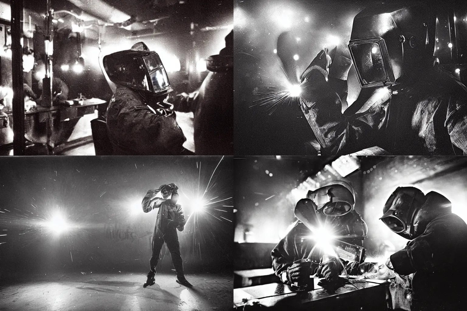 Prompt: welder in welding mask in a berlin dance club, ominous lighting, by richard avedon, tri - x pan stock