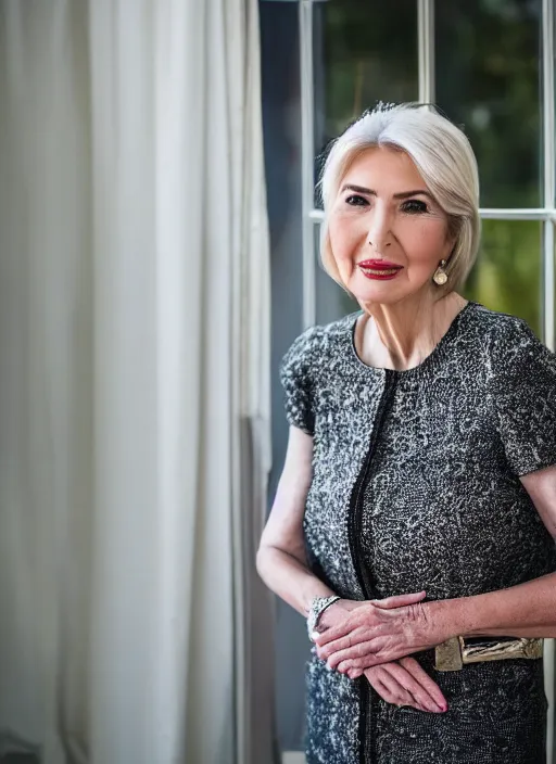 Prompt: dslr photo portrait still of 7 5 year old age 7 5 ivanka trump at age 7 5!!!, 8 5 mm f 1. 8