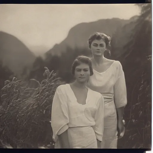 Image similar to a portrait of two beautiful 3 0 year old sisters in a scenic environment by edward steichen