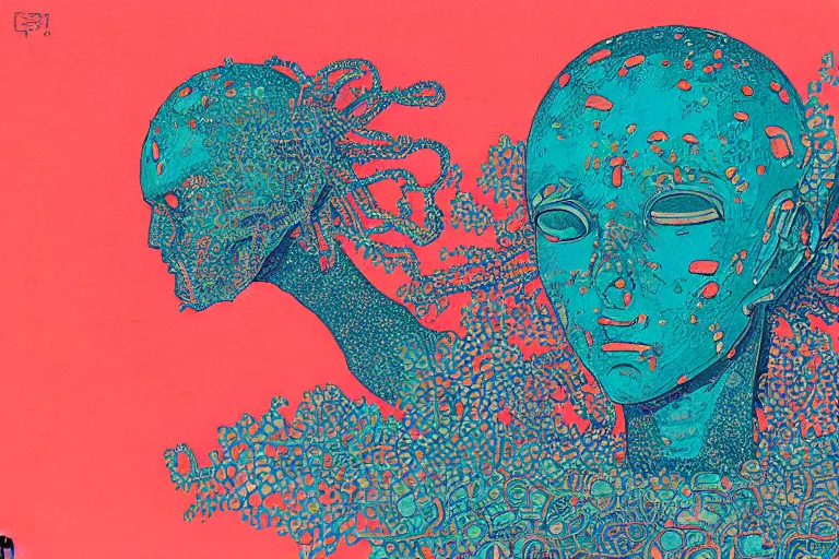 Image similar to risograph grainy drawing vintage sci - fi, satoshi kon color palette, gigantic gundam full - body covered in iridescent dead coral reef 1 9 6 0, kodak, with lot tentacles, natural colors, codex seraphinianus painting by moebius and satoshi kon and dirk dzimirsky close - up portrait