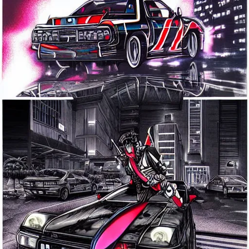 Image similar to beautiful hyper-detailed full colour manga illustration of a robot ninja warrior with a sword, driving through the city, in a modified Nissan skyline r34, cyberpunk, dystopian