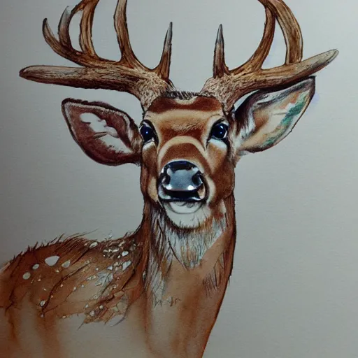 Prompt: water color and pen, high resolution, detailed, trending on artstation, deer