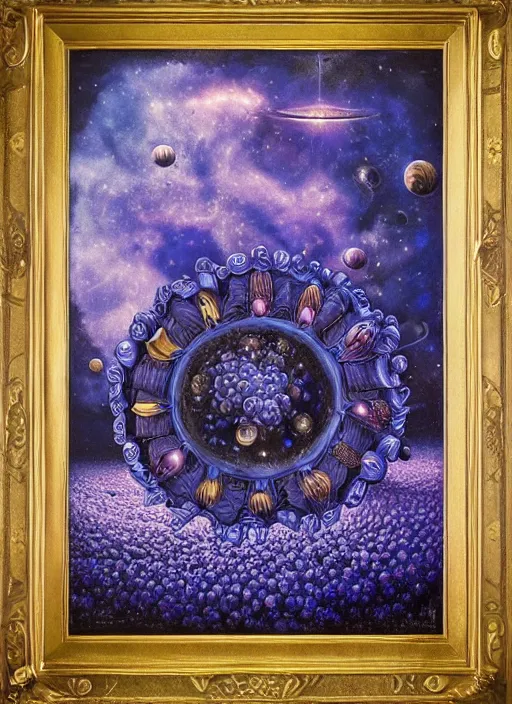 Image similar to detailed, intricate blue black and purple papaverum flower on the field, nebula, galaxy in the sky, winning award masterpiece, fantastically beautiful, illustration, aestheticly inspired, jacek yerka, upscale with anguissola sofonisba work, artstation, 8 k