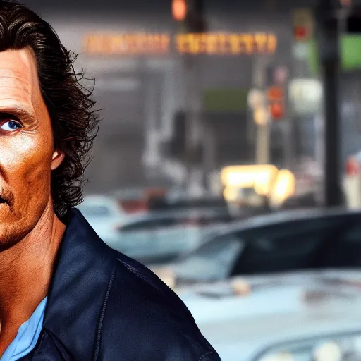 Prompt: matthew mcconaughey as a GTA style character on a loading screen, 4k, high detail, high-resolution photograph, professional photography, ultra-detail