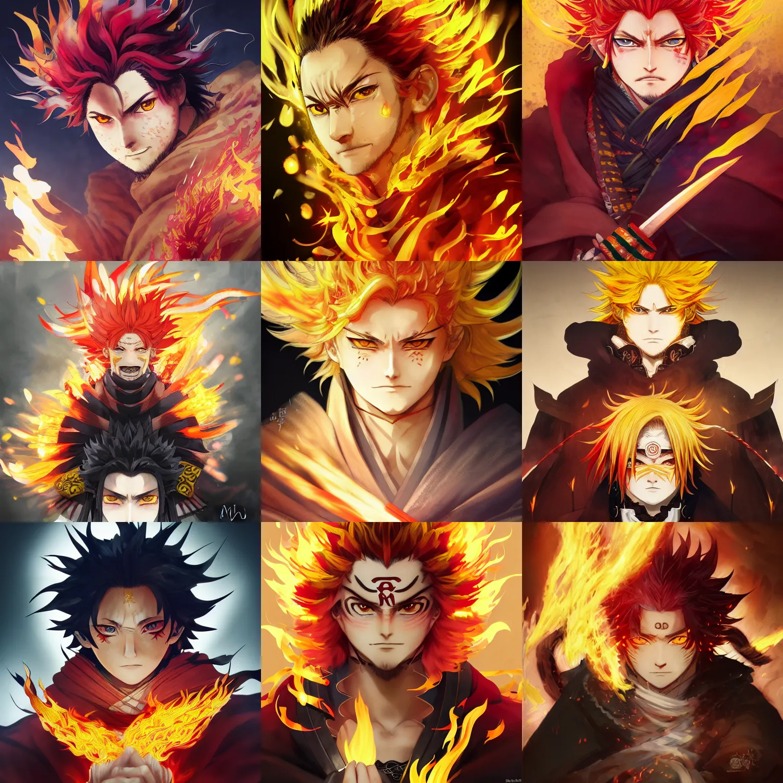 Prompt: bokeh, beautiful detail, poster cover, portrait of flame hashira rengoku kyojurou demon slayer kimetsu no yaiba, yellow flaming hair, samurai, long white cloak with flame patterns, Akihito Yoshitomi AND Yoji Shinkawa AND Greg Rutkowski, Mark Arian trending on artstation