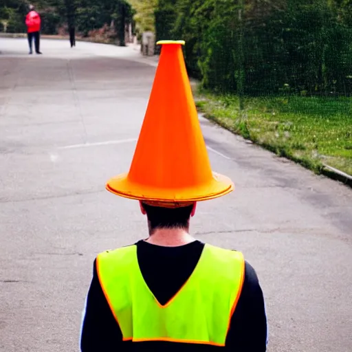 Prompt: a man wearing a traffic cone as a hat