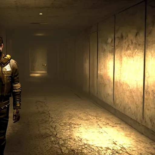 Prompt: joshua graham standing in a dark hallway, resident evil, horror, fallout new vegas, unreal engine, 8 k, ray tracing